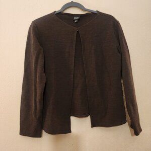 Eileen Fisher Brown Wool Cardigan Sweater Small Crew Neck Hook Eye A-Line